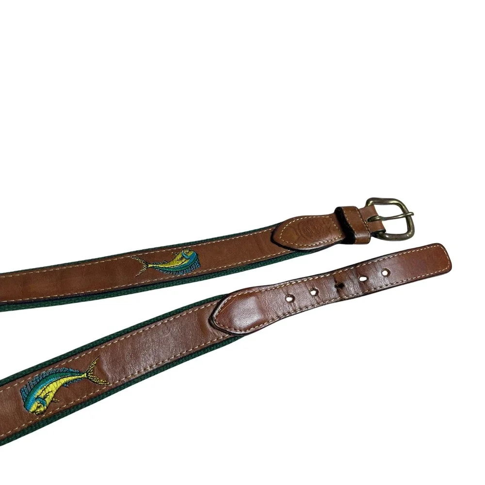 Mens Brown‎ Leather Canvas Belt Mahi Mahi Fish Embroidered Sz 36 Nautical Casual